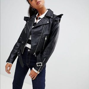 Parisian Faux Leather Jacket with Frill Detail